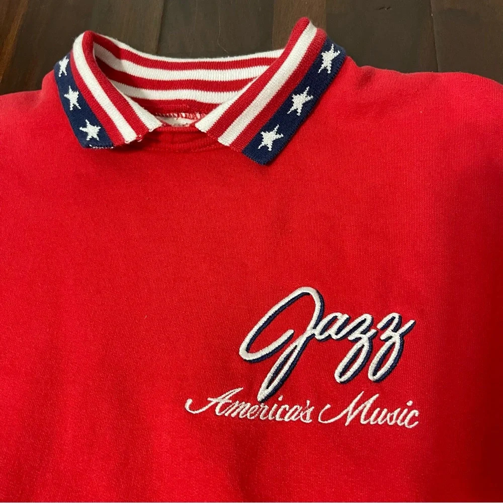 Vintage Jazz American Music Collared Crewneck Red American Flag Hanes Adult 2XL - Picture 2 of 8